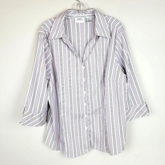 Club"Z" Collection Purple Black Stripes 3/4 Sleeves Stretch Button Down Shirt 2X - Picture 1 of 7